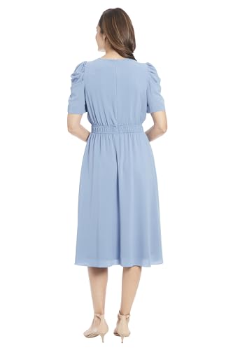 Image of London Times Women's Caterpillar Puff Sleeve Midi Dress - Gathered Waist A-Line Flowy Summer Dress
