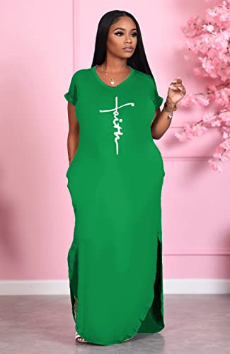 Image of Women Summer V Neck Loose Side Split Maxi Dresses with Pocket