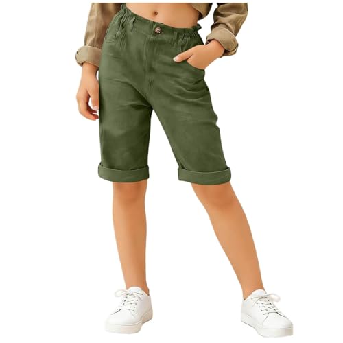 Kids Knee Length Lightweight Linen Shorts Loose Elastic Waist Casual Summer Bermuda Shorts with Pockets for 5-16 Years