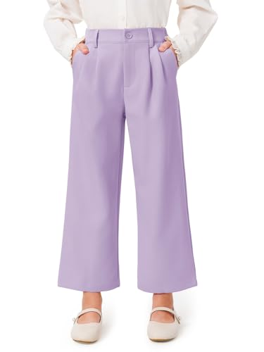 Image of Haloumoning Girls Uniform Pants Kids High Waisted Wide Leg Dress Pants Casual Trousers with Pockets 5-14 Years