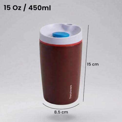 Image of Frenchware AeroMug Insulated Stainless Steel Coffee Tumbler, 450 ml | Smooth Sip Slider, Reusable, Hot & Cold Coffee Travel Mug, Dark Merlot