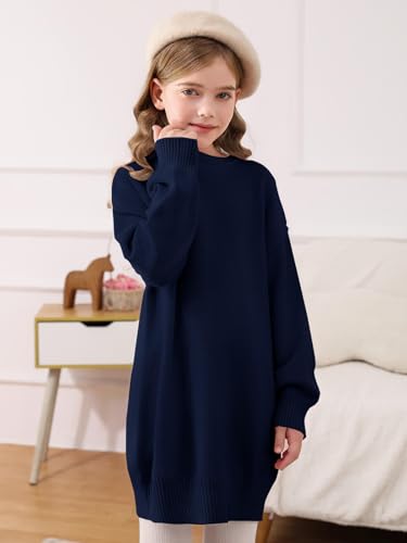 Image of Haloumoning Girls Sweater Dress Casual Crewneck Knit Long Sleeve Fall Winter Dress Pullover 5-14Y