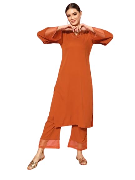 Image of Varanga Women Straight fit Rust kurta with a tonal bottom, designed for comfortable casual and semi formal wear.
