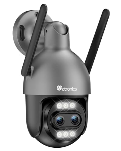 Ctronics [Zoom Ibrido 10X 4K Telecamera Wi-Fi Esterno Metallo, Doppio Obiettivo, Auto Track/Rilevamento Persone/Veicoli/Ani, 2,4/5GHz WiFi, 256GB TF/Cloud/PC, Visione Notturna Colori, IP66 (Grey)