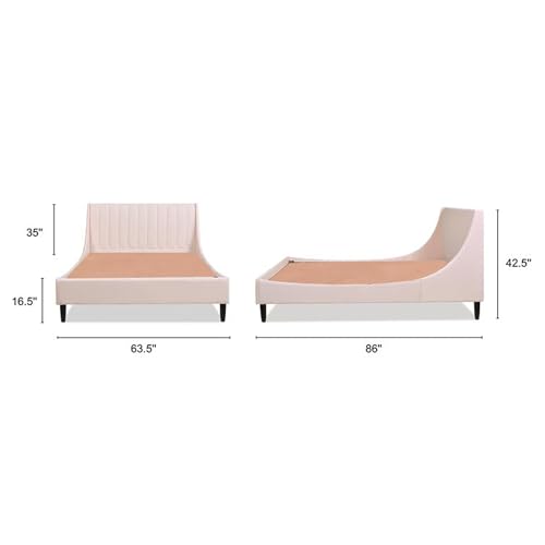 Image of HITHOS Solid Wood Modern Upholstered Queen Size Bed with Wingback Headboard | Wooden Double Bed Cot Palang Without Storage (Light Blush Pink) 1 Year Warranty