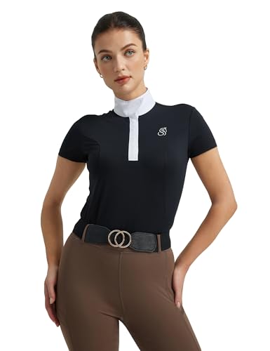 FitsT4 Sports Womens Short Sleeve Equestrian Show Shirts UPF50 Horse Riding Performance Shirt Rider Top Black S