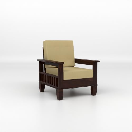 Image of Solid Sheesham Wood 1 Seater Sofa for Living Room | Premium Wooden Armchair with Side Magazine Rack | High-Density Cushioned Fabric Seat | Modern Single Sofa Chair for Home & Office