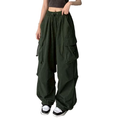 riou Pantalones Cargo Mujer Hip Hop Moda Retro Pantalones de Pierna Ancha Cinturón Elástico Jogger Sweatpant Multibolsillos Pantalón Largo Casuales Comodos Pantalón Deportivos