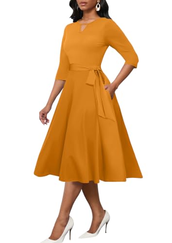 Image of CLOCOR Midi Dresses for Women Casual A-Line Fit and Flare Dress Crewneck 3 /4 Sleeve Keyhole Cocktail Party Church Dress