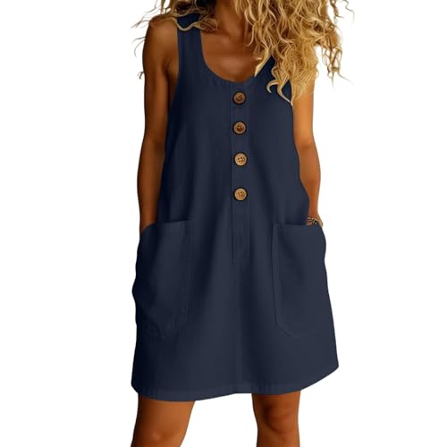 Robe tunique courte femme coton lin ample col rond vêtement plage été