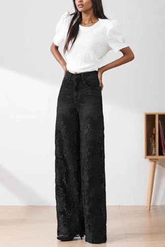 Women's Lace Patchwork Jeans High Waisted Straight Wide Leg Hollow Out Sheer Flower Baggy Lace Jeans3