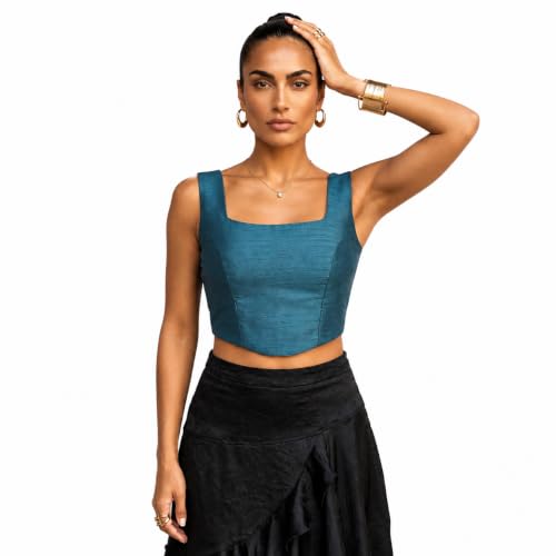 Image of Women's Corset-Style Raw Silk Crop Top | Structured Sleeveless Blouse with Built-in Padding & Back-Open Closure | Doubles as Western Top & Saree Blouse