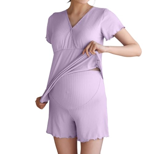 Conjunto de pijama de maternidad para lactancia con brasier integrado, para alimentación posparto, ropa de dormir cómoda, ropa de dormir para mujer, conjuntos de 2 piezas, 05# Morado, M