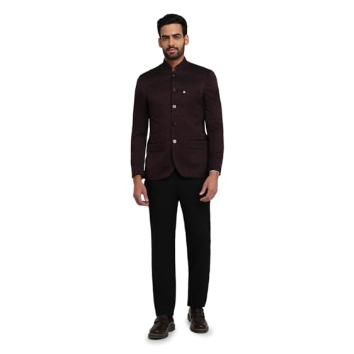 Image of Raymond Men Regular Fit Jacquard Pattern Pure Polyester Band Collar Full Sleeve Festive Suit