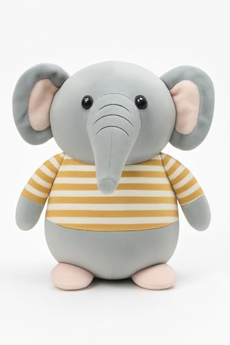 Image of Fun4you Plush Elephant Stuffed Animal Toy with Blue Striped T-Shirt, Soft Toy for Kids, Grey (Yellow)