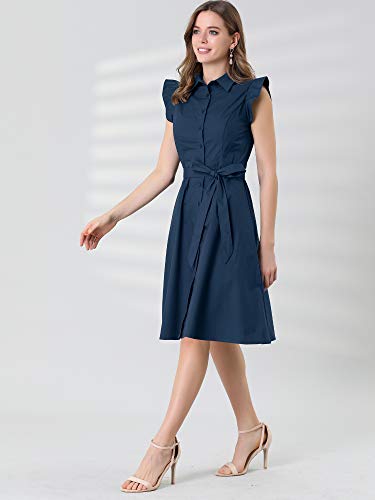 Image of Allegra K Women's Ruffled Sleeve Casual Office Dress Tie Waist Button Down Cotton Shirt Dresses