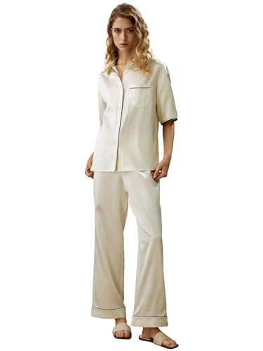 LilySilk Silk Pajama Set for Women 100% Short Sleeves Button-Down Pajama Shirt Top & Mid-Rise Waisted Pants Casual