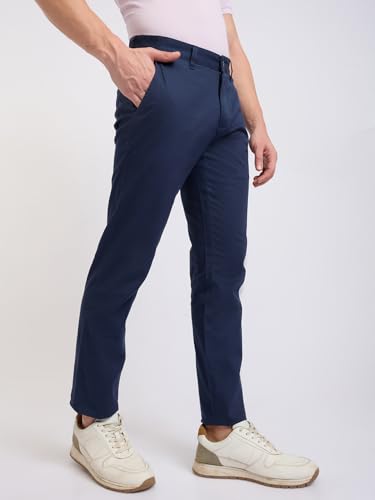 Image of Parx Men Low Rise Tapered Fit Solid Pattern Cotton Blend Flat Front Casual Trouser