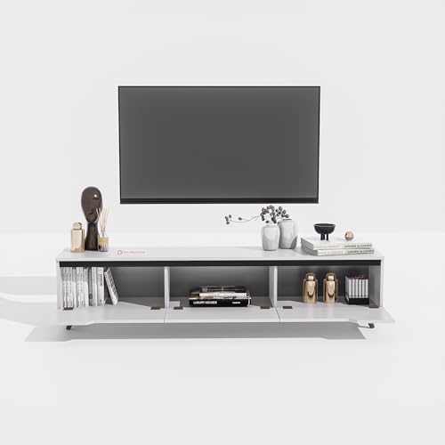 Image of DecorNation Nova Wooden TV Unit Stand (Medium) - Modern Entertainment Table with 3 Closed Compartments for Living Room, Bedroom & Office (55.5 x 13.3 x 16.6 Inches, White Finish)