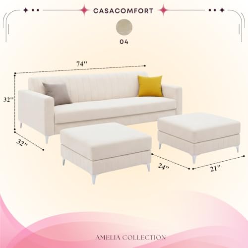 Image of Amelia 5 Seater L Shape Sofa Set with 2 Movable Ottomans | Flexible Layout | Rich Velvet Suede Fabric | Silver Legs | Spacious Soft Touch Seating | Modern Sofa for Living Room (Cream)