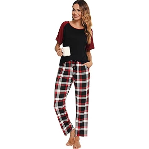 Vlazom Pyjama Sets for Women, Soft Pjs Set Short Sleeve Top and Long Plaid Bottoms Sleepwear with Pockets Drawstring, Red, XXL Cover
