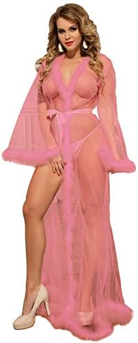 ohyeahlady Women Plus Size Lingerie Robe Mesh Sheer Lace Nightwear Kimono Dressing Gown with Feather Trim