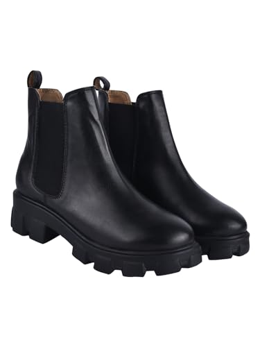 Shoetopia Chunky Chelsea Boots – Black Ankle Booties with Lug Sole, Slip-On Elastic Side Panels, Stylish Fall/