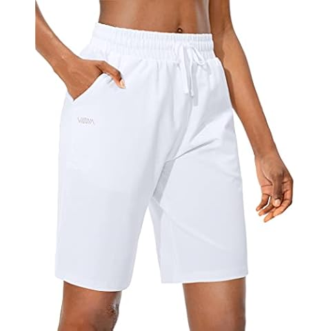 Viodia Women's Bermuda 10" Long Shorts with Pockets Cotton Sweat Shorts Jersey Knee Length Shorts for Summer, White, XXL Cover