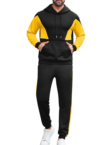 LecGee Mens Sweatsuits 2 Piece Set Long Sleeve Pullover Hoodies and Sweatpants Winter Clothes for Men(Yellow, Large)