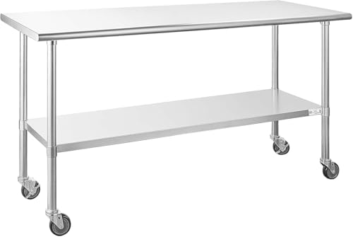 Hally Stainless Steel Table for Prep & Work 24 x 72 Inches with Caster Wheels, NSF Commercial Heavy Duty Table with Undershelf and Galvanized Legs for Restaurant, Home and Hotel