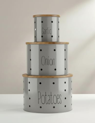 Image of Set of 3 Potato Onion & Garlic Storage Container For Kitchen | Storage Container For Kitchen Storage with Lid. (Grey)