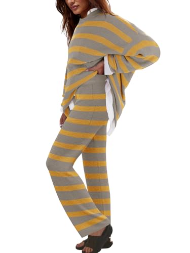 Image of LAMISSCHE Oversized Womens Lounge Set Striped Sweater Set Long Sleeve 2 Piece Pajama Set Top and Pants with Pockets