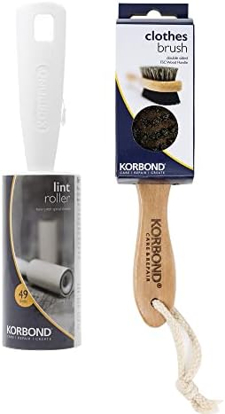 Korbond Clothes Dry Cleaning Total Solution – 1 Double Sided Clothes Brush & 1 LINT Roller (7.4m/49 Sheets) – Suitable for use on All Fabrics – Remove Inground Mud, Dust, Lint and Hair