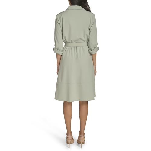 Image of Calvin Klein Women's Long Sleeve Collared Buckle Belted Knee Length Shirtdress