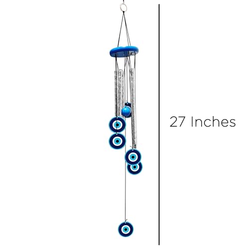 Image of Evil Eye Wind Chimes for Balcony & Positive Energy - 5 Metal Pipes with Nylon Thread & 6 Wooden Evil Eyes with Melody Sound for Relaxation and Calmness