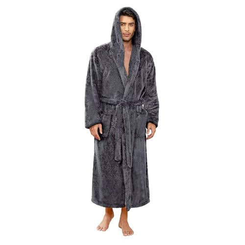 Vulcanodon Mens Robe Big and Tall with Hood Full Length Plush Robes for Men Long Fleece Bathrobe (Dark Grey L/XL)