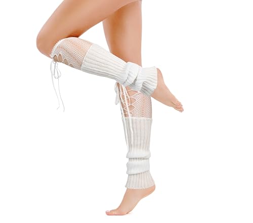 Image of Violet Mist Leg Warmers for Women Long Cotton Ribbed Knit Socks Knee High | Cute Funny Lace Fishnet Patchwork, 80s Retro Style, Kawaii Japanese Lolita Party