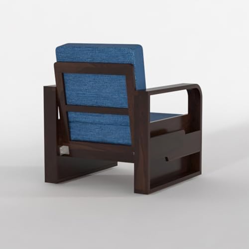 Image of Sheesham Wooden 1 Seater Sofa for Living Room | Solid Wood Sofa with Side Pocket Storage & Cushion | Rosewood Sofa Set for Home & Office | Lounge (Walnut with Blue Cushion, 1 Seater)