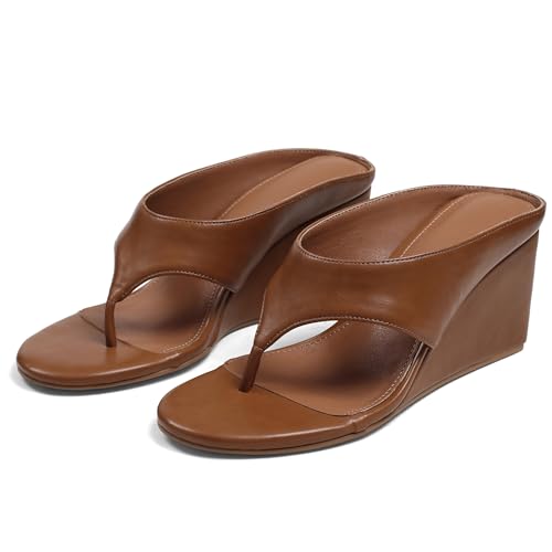 Image of AMINUGAL Wedge Sandals for Women Trendy Dressy Summer Wedges Heels for Women Chunky Heel Open Round Toe Womens flip flops slides Cute Beach Slip On Thong Sandals for Ladies Y2K