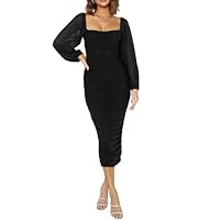 HUXRKV Vestito Donna Elegante Maniche Lunghe Abiti da Cerimonia con Scollo Quadrato Cocktail Party Feste Ballo Festa Autunno e Inverno, WD46-Nero,L