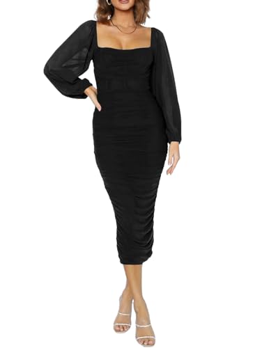 HUXRAKV Robe de Soirée Femme Élégante Robe Midi à Manches Longues Col Carré, Idéale pour Mariage Cocktail Fête Club Bal,WD46-Noir,M