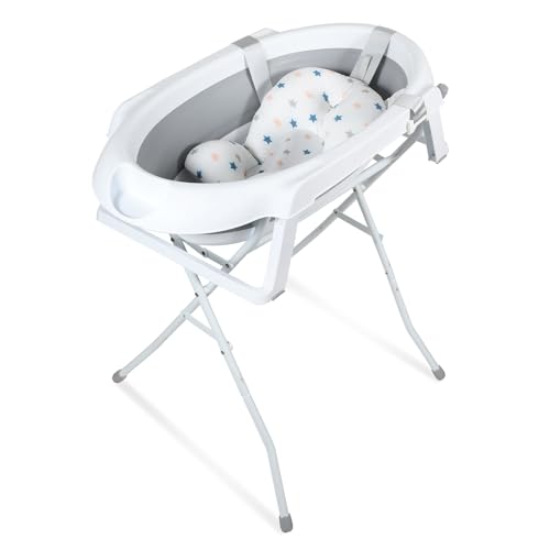 Eulenke Babywanne mit Ständer Faltbare Baby Badewanne Set mit integriertem Thermometer und Gestell - Tragbare Rutschfeste Wanne für Neugeborene bis 3 Monate - Stützkissen inklusive