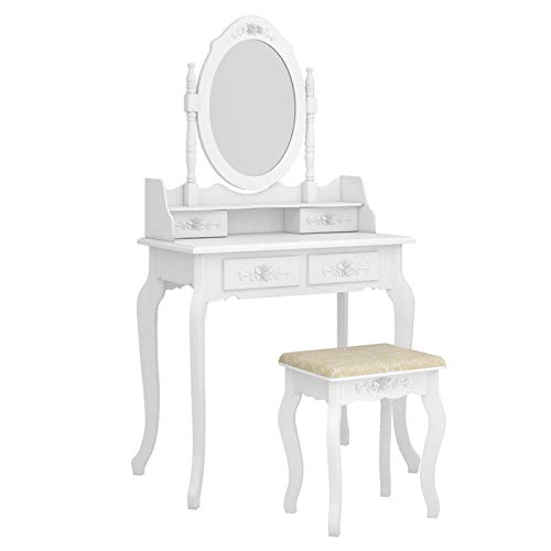 Vanity Table Set, 4 Drawers Makeup Table with Oval Mirror & Stool, Bedroom Wood Dressing Table White