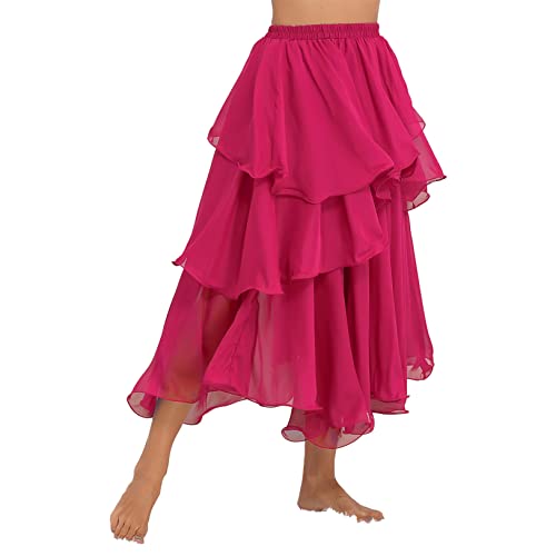 Hularka Women's Ruffle Layered Chiffon Belly Dance Skirt Tiered Long Skirt Ballroom Dance Costume Hot Pink One Size #TOP1