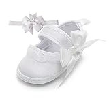 Delebao Baby Girl Infant Baptism Dance Ballerina Slippers with Bow Ribbon (0-6 Months, Shoes & Headband)