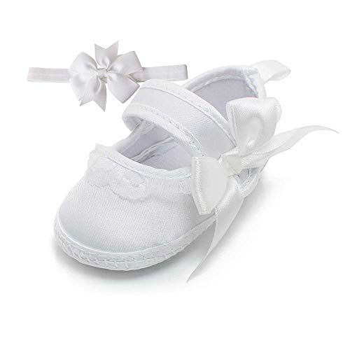 Delebao Baby Girl Infant White Dance Ballerina Slippers with Bow Ribbon (0-6 Months, Shoes & Headband)