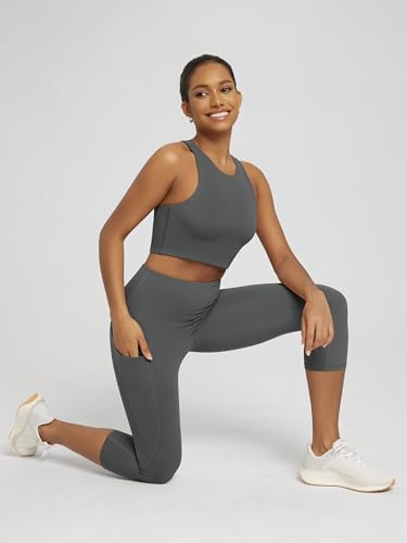 ODODOS Women's High Waisted Yoga Capris with Pockets,Tummy Control Non See Through Workout Sports Running Capri Leggings, Charcoal,Medium