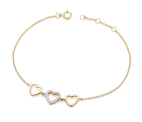 Image of Old English Jewellers 9ct Yellow Gold on Silver CZ Triple Heart Ladies Adjustable Bracelet