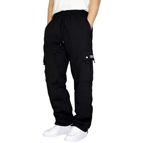 Mens Cargo Sweatpants with Pockets Fleece Sweatpants for Gym Straight Leg Pants Elastic Waist Jogger Trousers