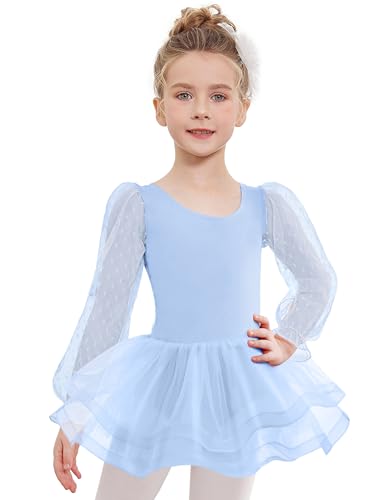 Arshiner Vestido de Ballet para niña con tutú de 3 Capas, Maillot de Danza Tutú Infantil de Manga Larga,Leotardo de Ballet para niñas, algodón Infantil, Azul, 140, 5-6 Años